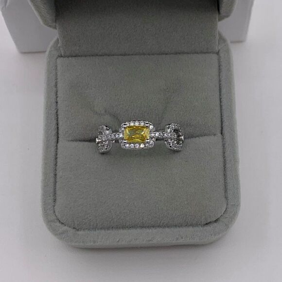Sz 7 ring, no tags, solid 925 silver, yellow & white diamonds, chain link design - Picture 1 of 13